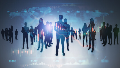 Backlit group of businesspeople standing on light background with glowing map, forex business and...