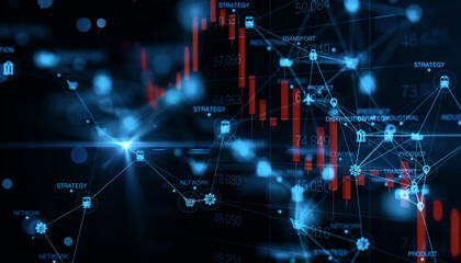Abstract falling candlestick forex chart on blue delivery logistics hologram and dark background. Freight and crisis concept. 3D Rendering.