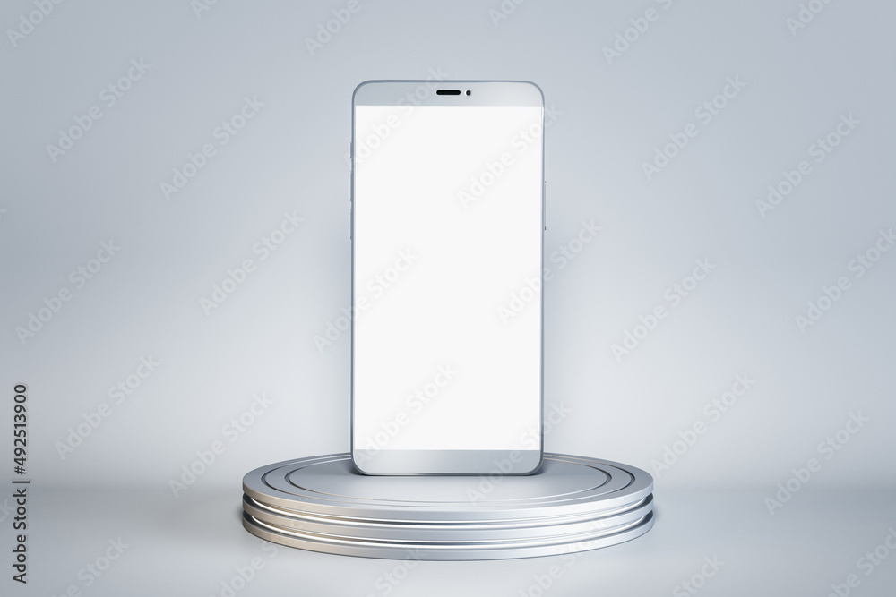 Poster Close up of empty white smartphone on round pedestal on concrete wall background. Mock up place and presentation concept. 3D Rendering.