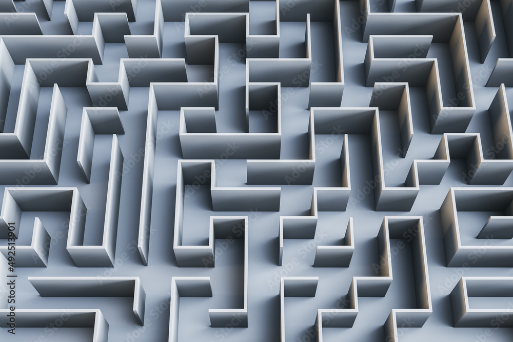 Poster creative gray maze wallpaper. solution, way out and challenge concept. 3d rendering.