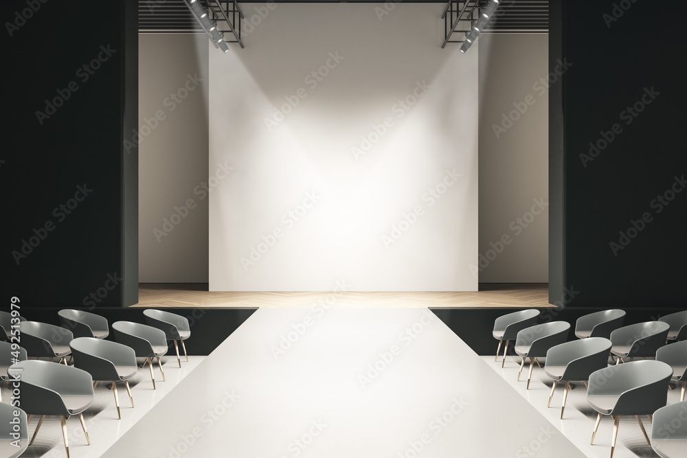 Poster modern concrete auditorium interior with seats, runway and empty mock up place on wall. presentation