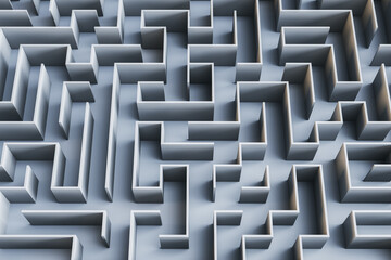 Creative gray maze wallpaper. Solution, way out and challenge concept. 3D Rendering.