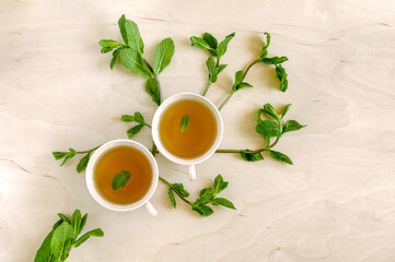 Two cups of healthy mint herbal tea in white cups on a wooden table with sprigs of mint. Selective fox with copy space. Daylight