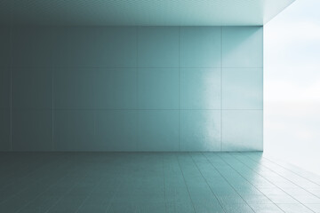 Empty modern concrete interior with bright daylight and mock up place on wall. Gallery and living concept. Sky view. 3D Rendering.