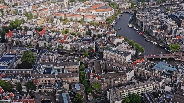 Amsterdam Netherlands Aerial v33 high angle birds eye view drone fly across de wallen and nieuwmarkt en lastage neighborhoods capturing beautiful cultural rich cityscape - August 2021