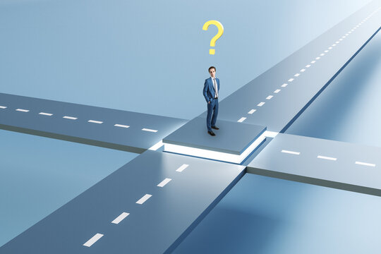 Businessman with question mark at crossroads. Solution and answer concept.