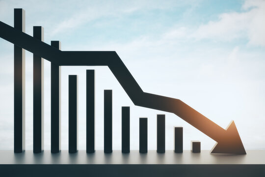 Abstract black downward chart arrow on light sky with clouds and mock up place backdrop. Down, drop, finance and crisis concept. 3D Rendering.
