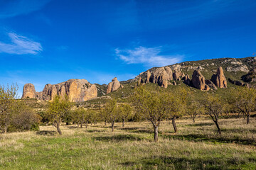 Panorama of Mallos De Riglos rocks in Huesca province, Aragon, Spain