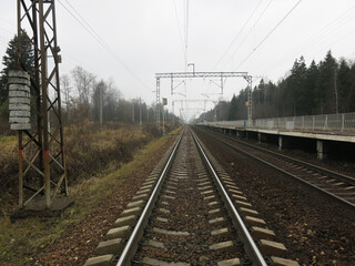 Fototapeta premium railway with rails and sleepers in autumn in the Moscow region