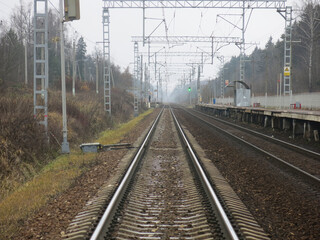Plakat railway with rails and sleepers in autumn in the Moscow region