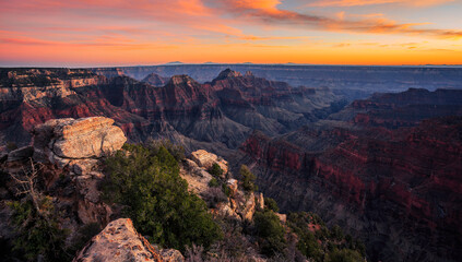 Fototapeta na wymiar North Rim Sunset at Bright Angel Point, Grand Canyon National Park, Arizona