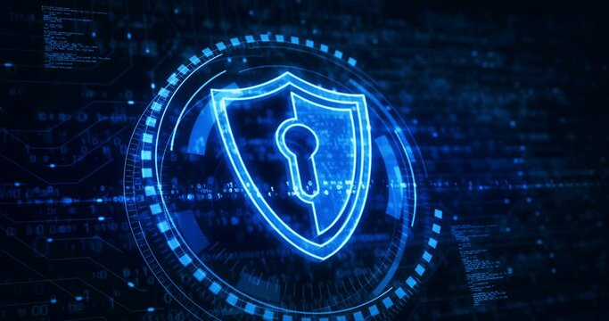 Cyber security, network protection and digital data with shield symbol digital concept. Network, cyber technology and computer background abstract 3d animation.