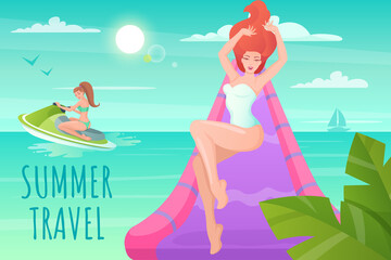 Young woman having fun on water slide tube at aquapark. Woman riding down a water slide at the waterpark. Summer time attraction illustration in flat style. Vector illustration