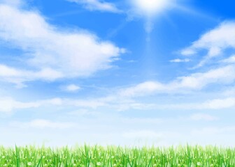 Fototapeta na wymiar 太陽の光が差し込む雲のある青空に芝生と新緑の美しい若葉の初夏フレーム背景素材