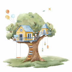Beautiful stock illustration with watercolor hand drawn tree house.