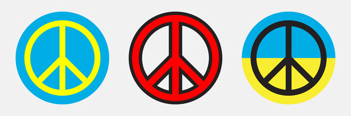 Symbols of peace and stop the war in Ukraine. Pacifism round emblems. World peace signs set. Anti-war logos collection. Cessation of hostility among all mankind. Happiness and freedom concept. - obrazy, fototapety, plakaty