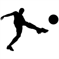 Fototapeta na wymiar Black silhouette of a soccer player making a jump shot at the ball.