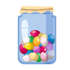 Easter glass jar with sweet candies decorated golden egg. Sweet food