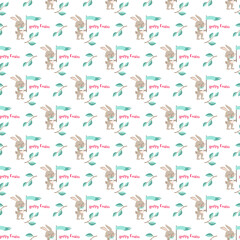 Fototapeta na wymiar Happy Easter seamless pattern. Festive decoration print with rabbit and green twig and leaves on white background. Elements for wrapping paper, textiles and decor. Vector flat illustration