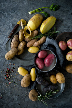 Studio shot of different varieties of raw potatoes