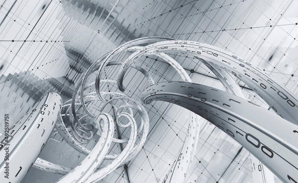 Aufkleber Streaming data of digital mega corporations. Cyber business and crypto analytics. 3D illustration of nano funnels generating structural software codes