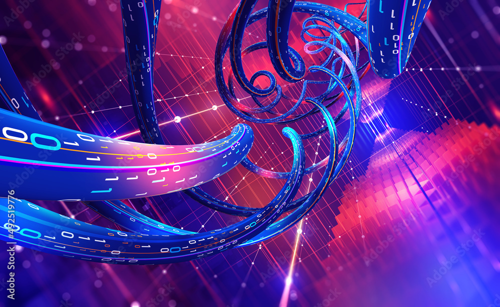 Aufkleber Streaming data of digital mega corporations. Cyber business and crypto analytics. 3D illustration of nano funnels generating structural software codes