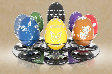 Serie uovo di Pasqua decorato. Uova con supporto in vetro su sfondo pergamena..