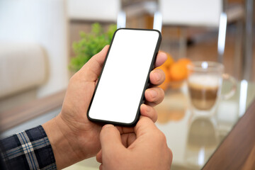 male hands hold phone with isolated screen background of room