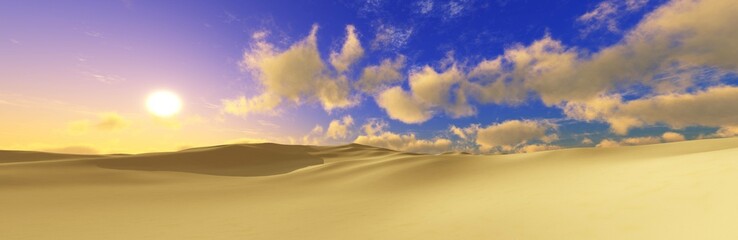 Yellow blue landscape of beautiful sand desert under sky with clouds at sunset, 3d rendering
