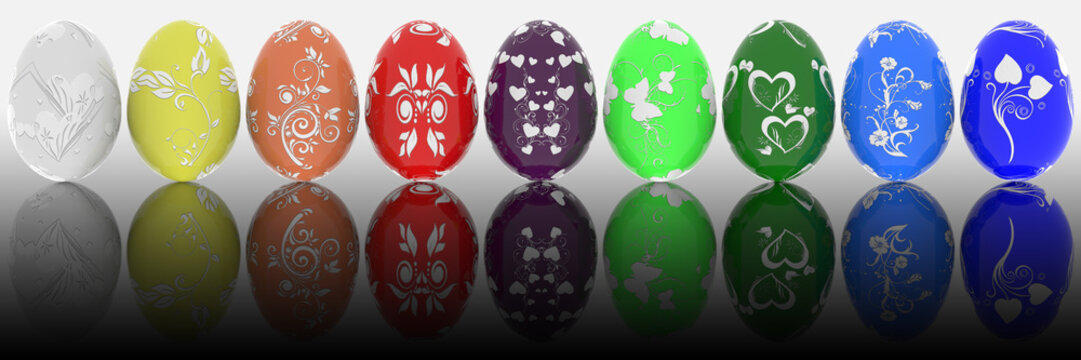 Serie uovo di Pasqua decorato. Uova decorate in vari colori su sfondo bianco..