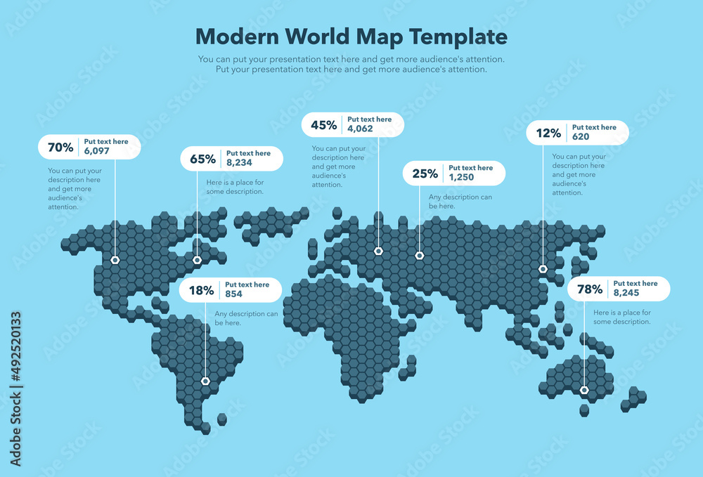 Poster Modern world map template with pointer marks and statistics - blue version. Easy to use for your design or presentation.