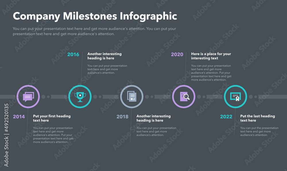 Poster modern infographic with five steps for company milestones - dark version. easy to use for your websi