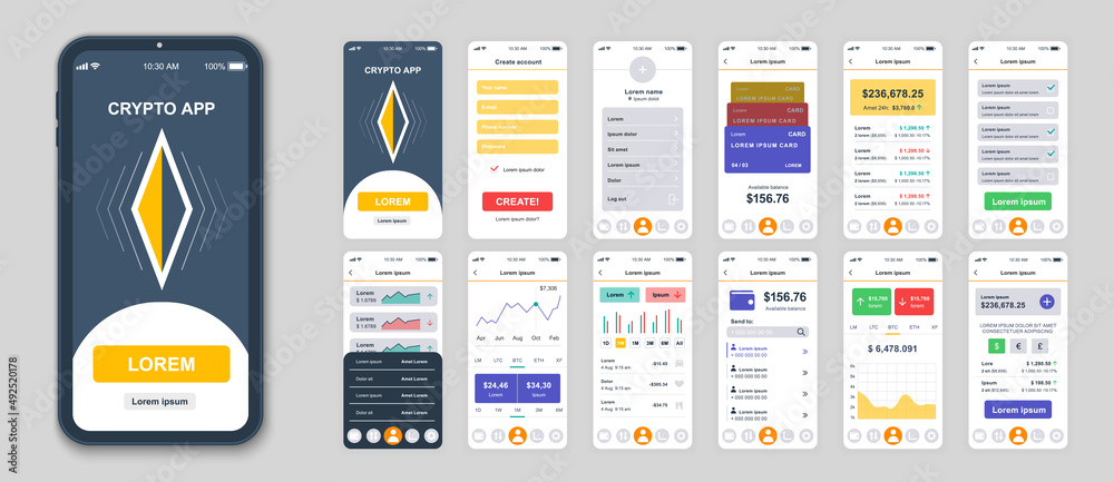 Wall mural set of ui, ux, gui screens cryptocurrency app flat design template for mobile apps, responsive websi