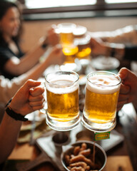 Cheers hands holding mugs with beer above the table celebrating