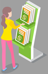 Woman looking at presentation stand with product catalogs. Advertising company, promotion, distribution concept. Female character choosing informative books, magazines. Lady near announcements on rack
