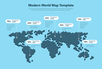 Obraz premium Modern world map template with pointer marks and statistics - blue version. Easy to use for your design or presentation.