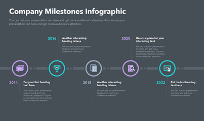 Modern infographic with five steps for company milestones - dark version. Easy to use for your website or presentation.