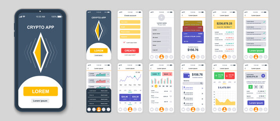 Set of UI, UX, GUI screens Cryptocurrency app flat design template for mobile apps, responsive website wireframes. Web design UI kit. Cryptocurrency Dashboard.