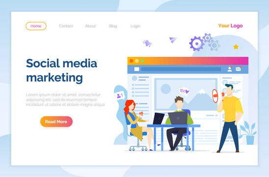 Social media marketing concept. Colleagues promote customer profile. Employees create online advertising to grow followers in account of social network. Marketing website landing page template