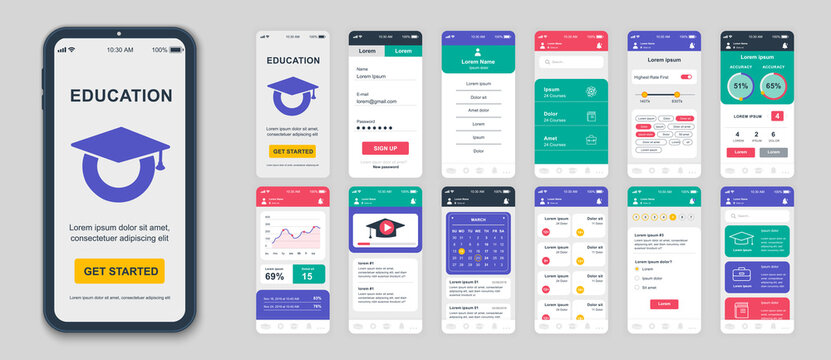 Set of UI, UX, GUI screens Education app flat design template for mobile apps, responsive website wireframes. Web design UI kit. Education Dashboard.