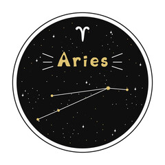 Aries. Zodiac sign and constellation in a circle. Set of zodiac signs in doodle style, hand drawn.