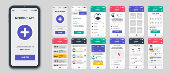 Set of UI, UX, GUI screens Medicine app flat design template for mobile apps, responsive website wireframes. Web design UI kit. Medicine Dashboard.