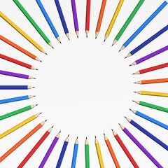 3D rendering. Frame of rainbow color pencils on white isolated background