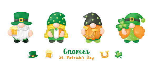 Watercolor St. Patrick's Day Gnomes Clipart, Digital painting