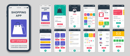 Set of UI, UX, GUI screens Shopping app flat design template for mobile apps, responsive website wireframes. Web design UI kit. Shopping Dashboard. - obrazy, fototapety, plakaty