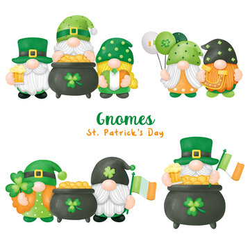 Watercolor St. Patrick's Day Gnomes Clipart, Digital painting