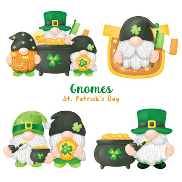 Watercolor St. Patrick's Day Gnomes Clipart, Digital painting