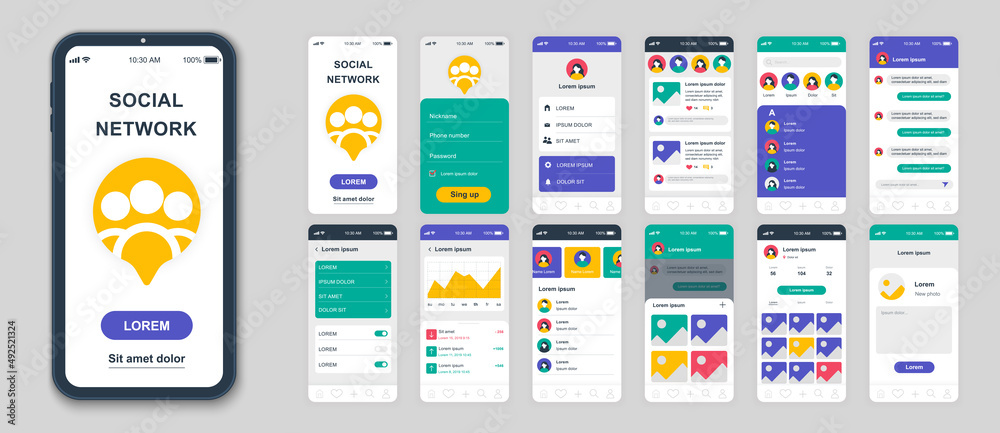 Aufkleber Set of UI, UX, GUI screens Social Network app flat design template for mobile apps, responsive website wireframes. Web design UI kit. Social Network Dashboard.