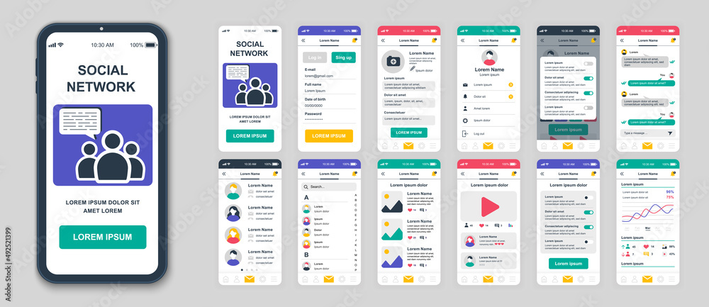Wall mural set of ui, ux, gui screens social network app flat design template for mobile apps, responsive websi