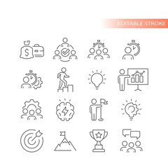 Teamwork, human resources line icon set. Business management, employees achievement outlined icons.